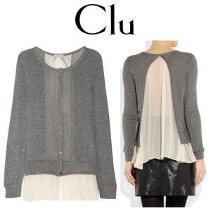 Clu Metallic Grey Knit Cream Beige Sheer Silk Top